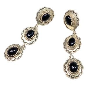 Handmade Sterling Silver Onyx Cabochon Concho Dangle Post Earrings 2"